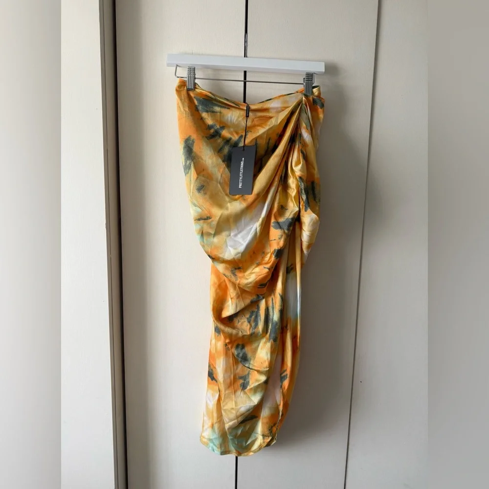 NWT PrettyLittleThing Yellow and Orange Tie-Dye Draped Midi Skirt w Slit US 6 - Picture 3 of 7